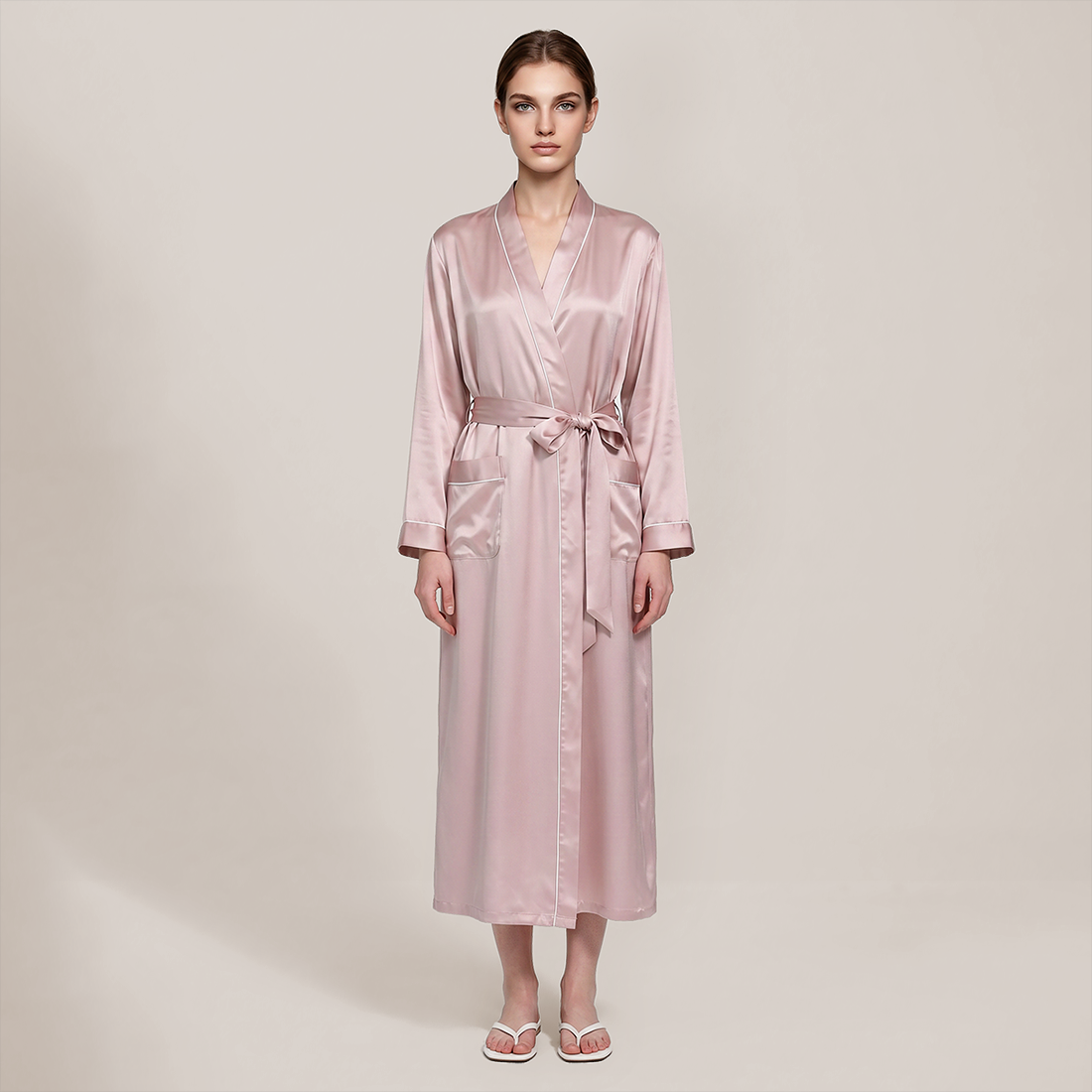 100% Mulberry Silk V-Neck Long Robe - Nomee