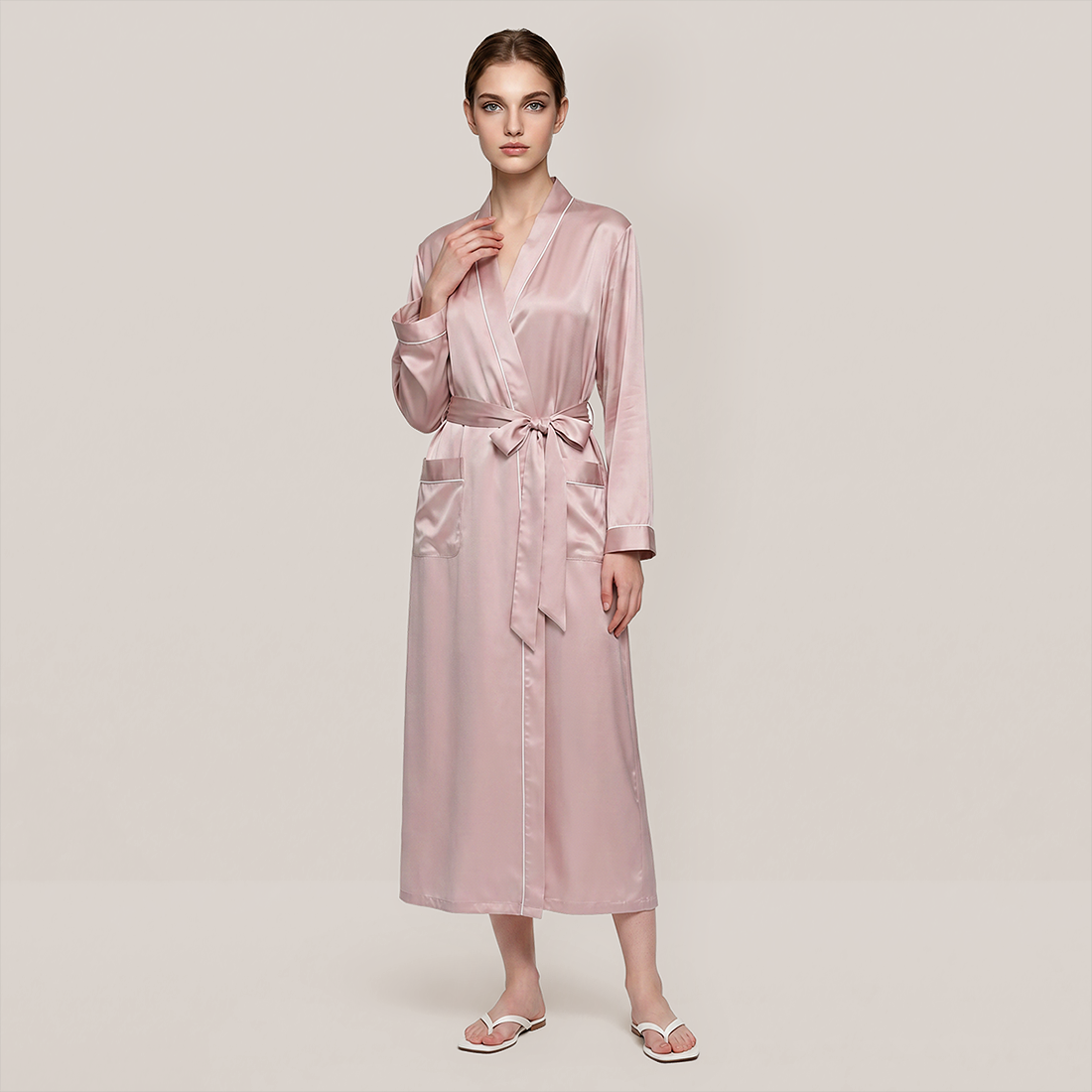 100% Mulberry Silk V-Neck Long Robe - Nomee