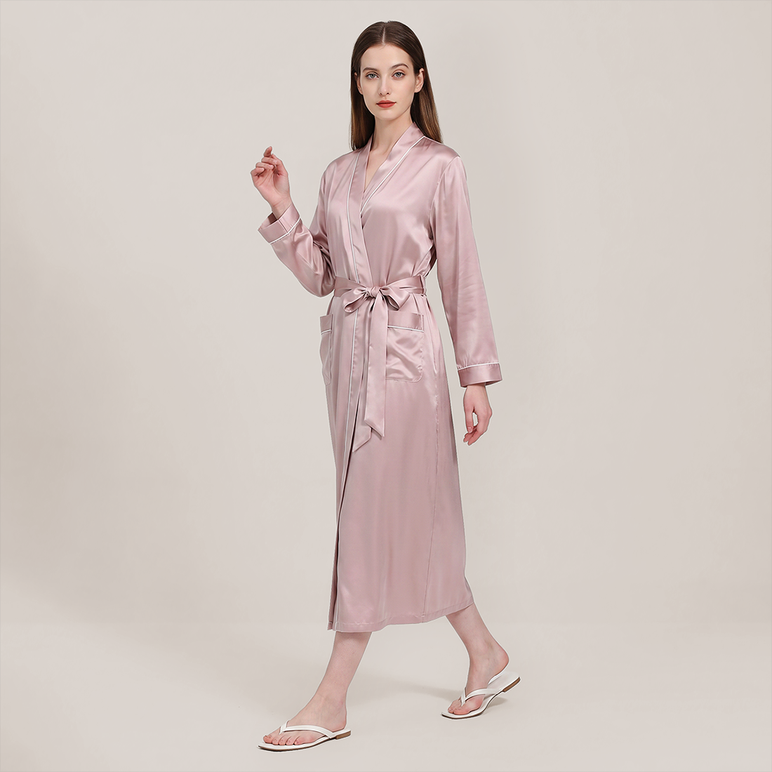 100% Mulberry Silk V-Neck Long Robe - Nomee