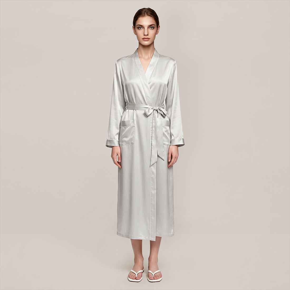 100% Mulberry Silk V-Neck Long Robe - Nomee