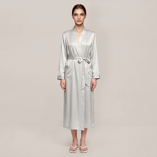 100% Mulberry Silk V-Neck Long Robe - Nomee