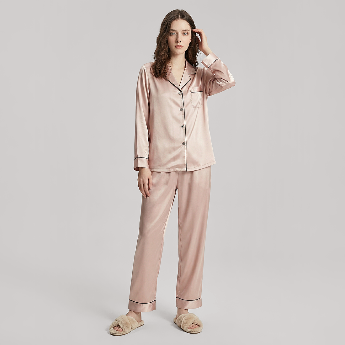 19 Momme Mulberry Silk Pajama Set for Women - Long Sleeve Pants Set - Nomee