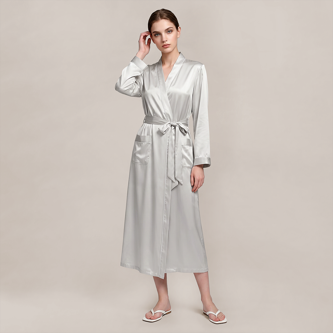 100% Mulberry Silk V-Neck Long Robe - Nomee