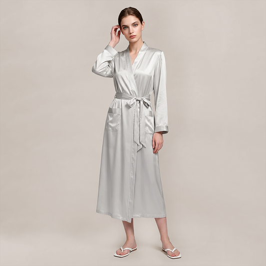 100% Mulberry Silk V-Neck Long Robe - Nomee