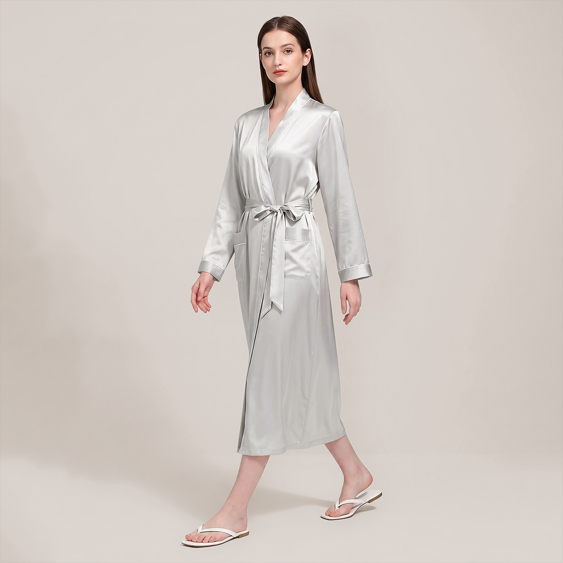 100% Mulberry Silk V-Neck Long Robe - Nomee