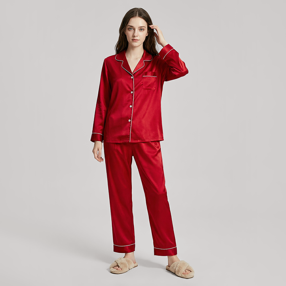 19 Momme Mulberry Silk Pajama Set for Women - Long Sleeve Pants Set - Nomee