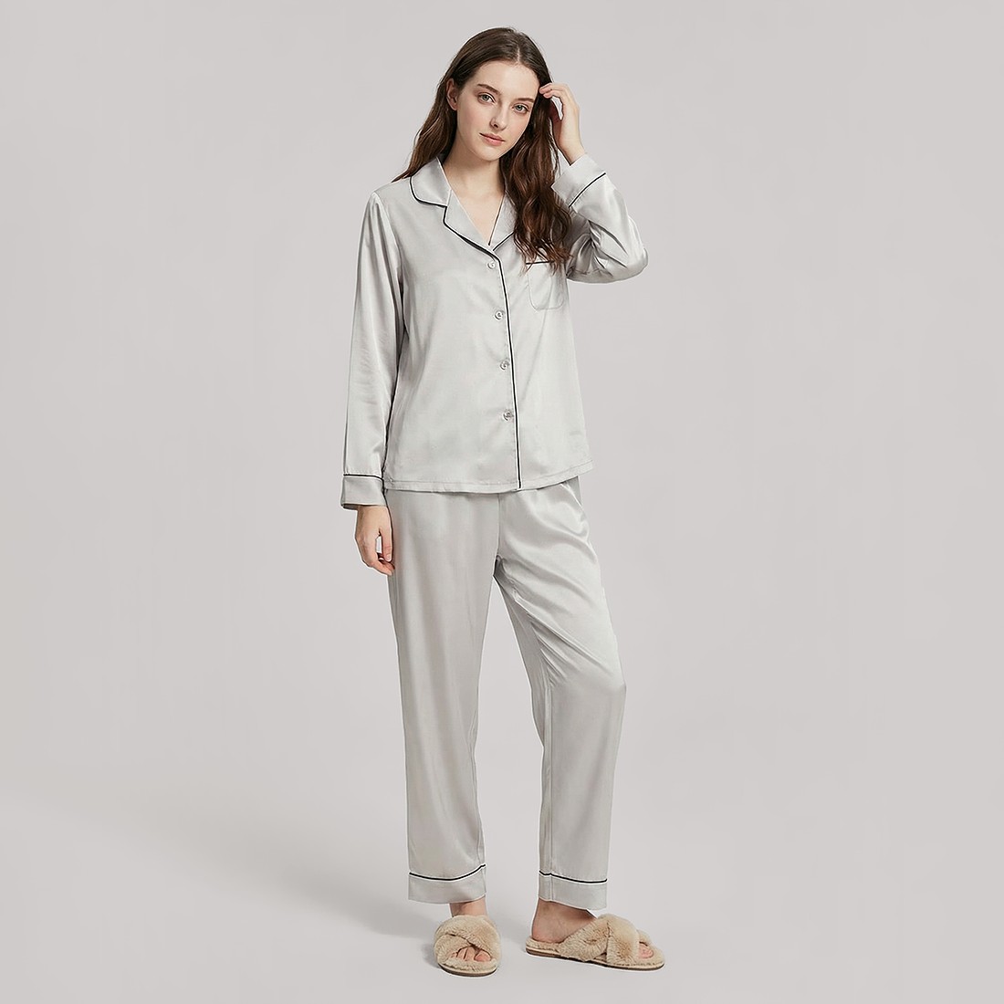 19 Momme Mulberry Silk Pajama Set for Women - Long Sleeve Pants Set - Nomee