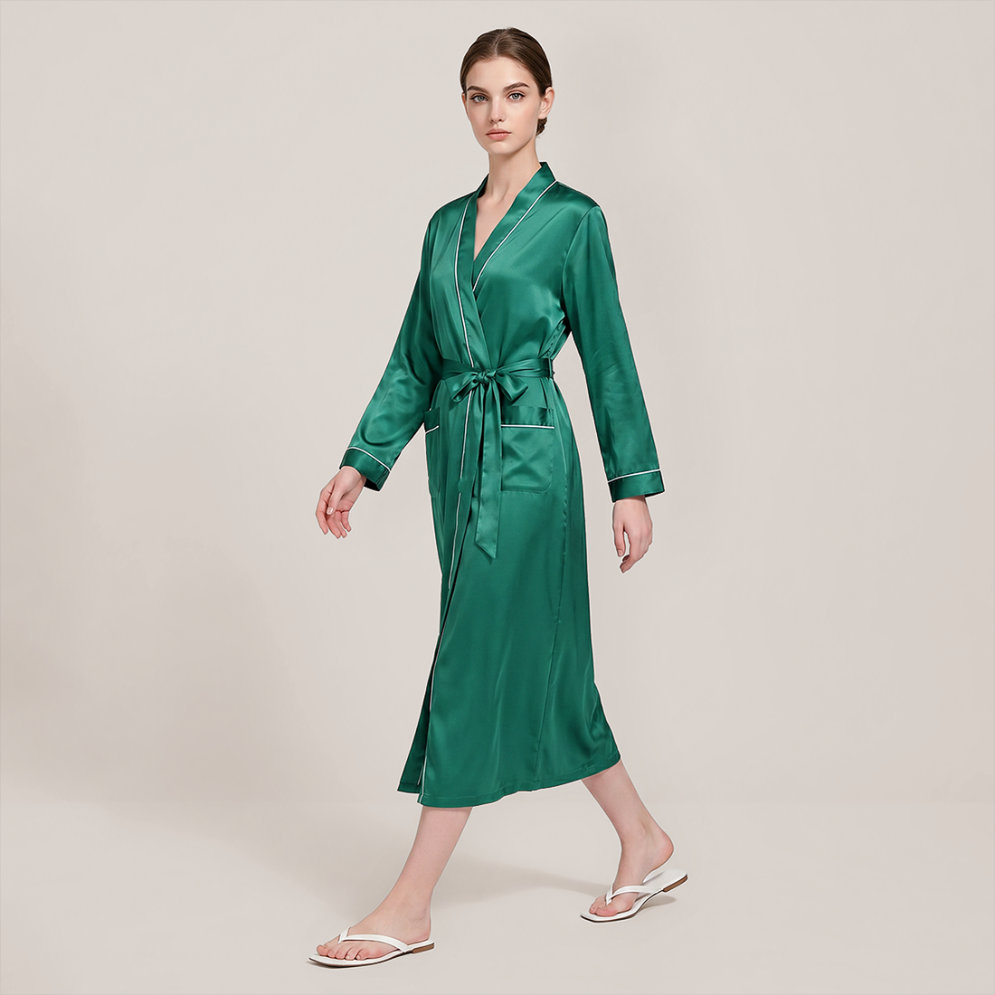 100% Mulberry Silk V-Neck Long Robe - Nomee