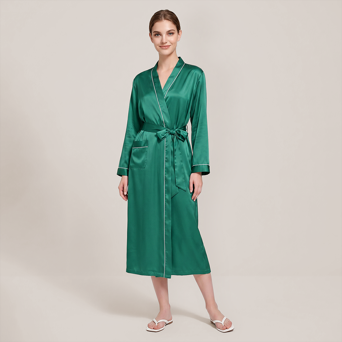 100% Mulberry Silk V-Neck Long Robe - Nomee