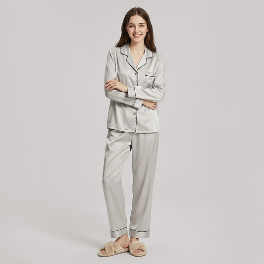 19 Momme Mulberry Silk Pajama Set for Women - Long Sleeve Pants Set - Nomee