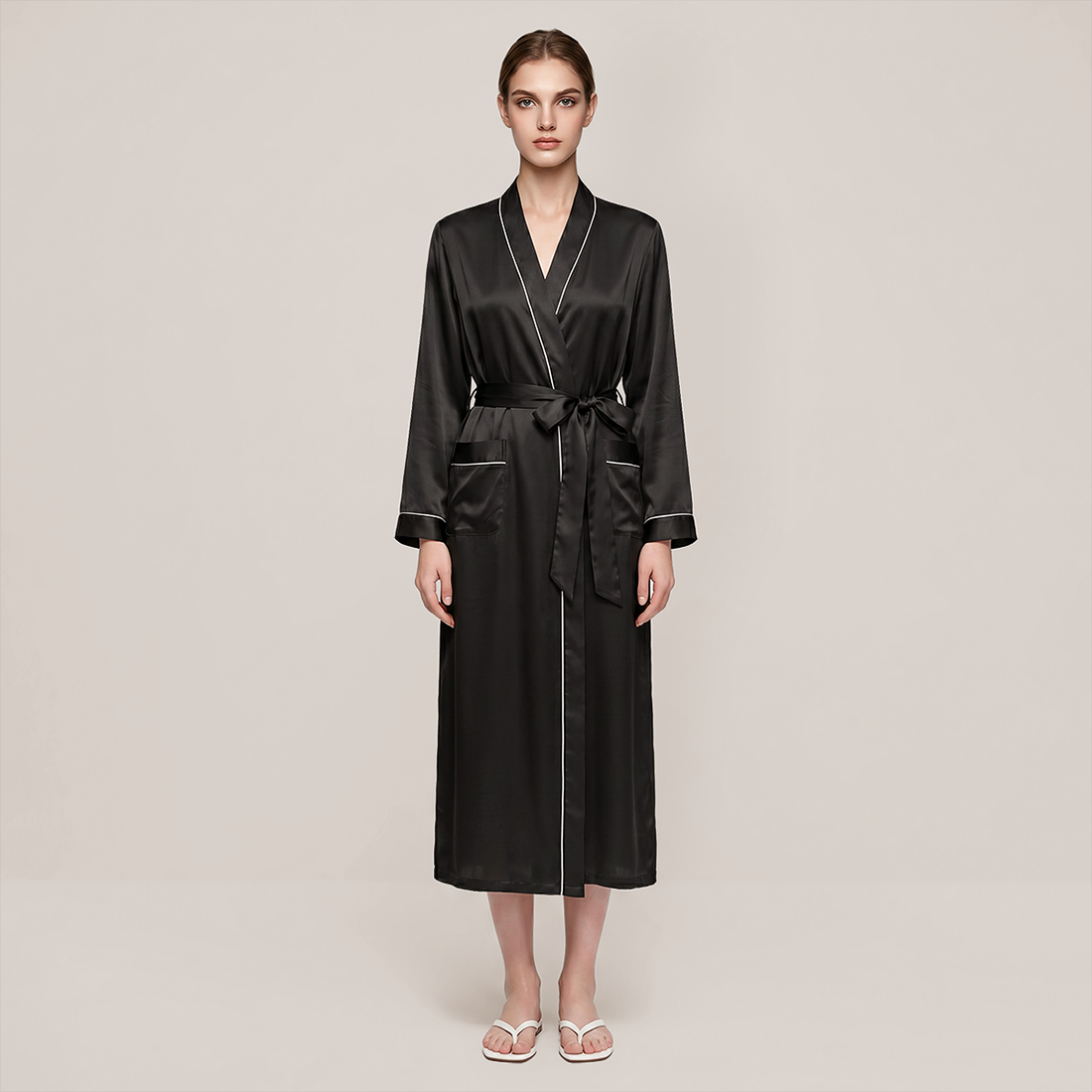 100% Mulberry Silk V-Neck Long Robe - Nomee