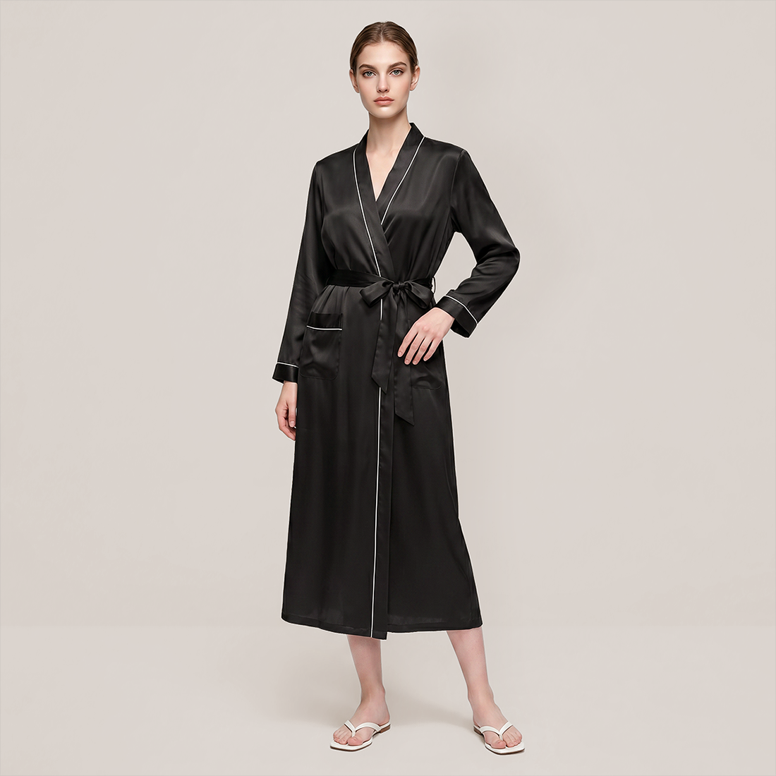 100% Mulberry Silk V-Neck Long Robe - Nomee
