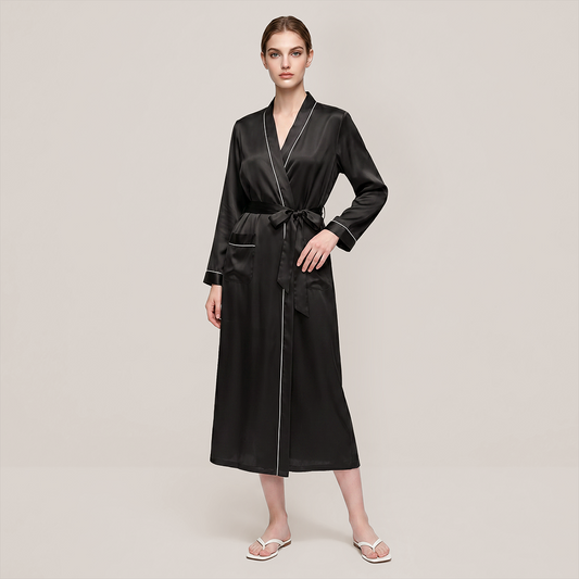 100% Mulberry Silk V-Neck Long Robe - Nomee