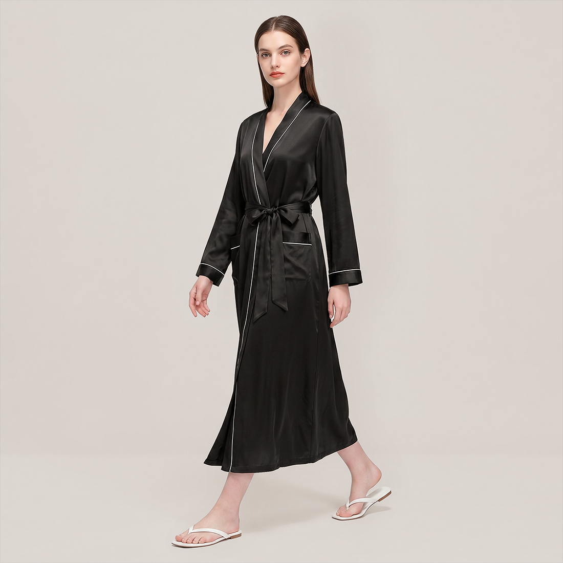 100% Mulberry Silk V-Neck Long Robe - Nomee