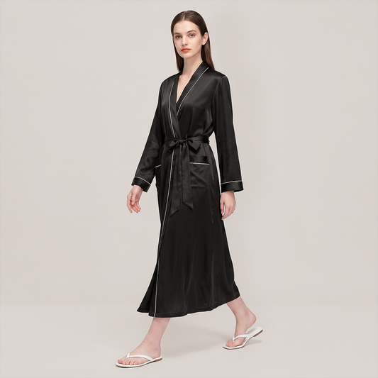 100% Mulberry Silk V-Neck Long Robe - Nomee