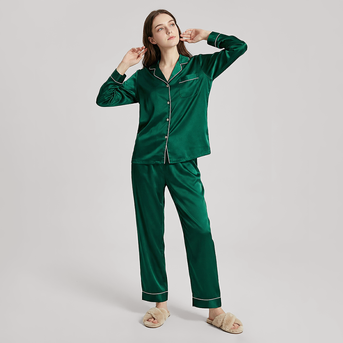 19 Momme Mulberry Silk Pajama Set for Women - Long Sleeve Pants Set - Nomee