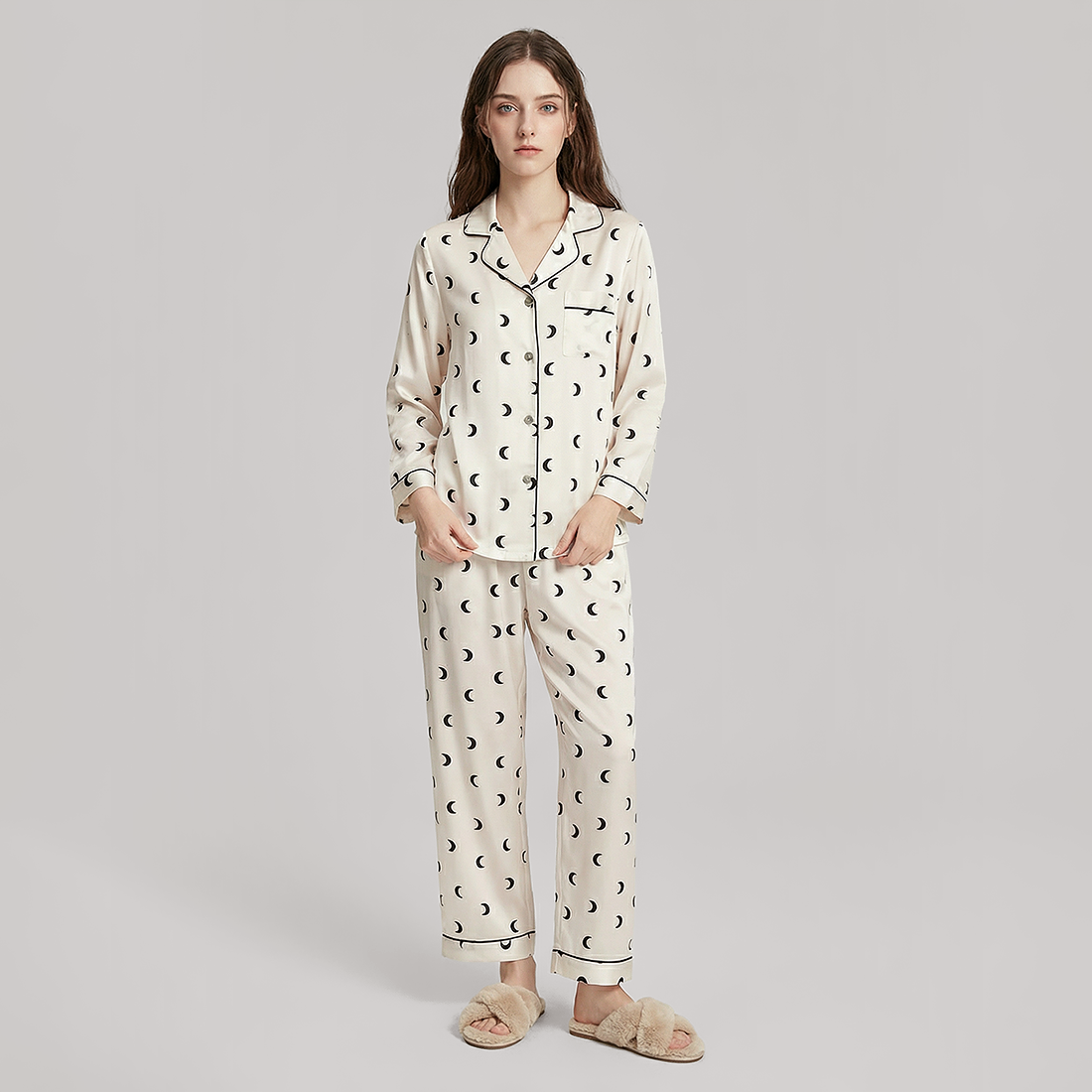 Crescent Print Mulberry Silk Pajama Set-Nomee