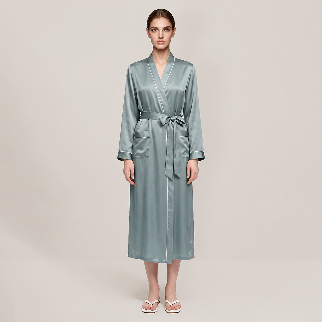 100% Mulberry Silk V-Neck Long Robe - Nomee