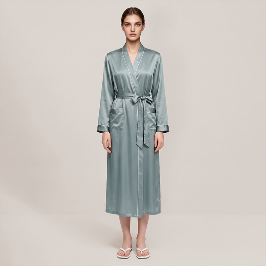 100% Mulberry Silk V-Neck Long Robe - Nomee