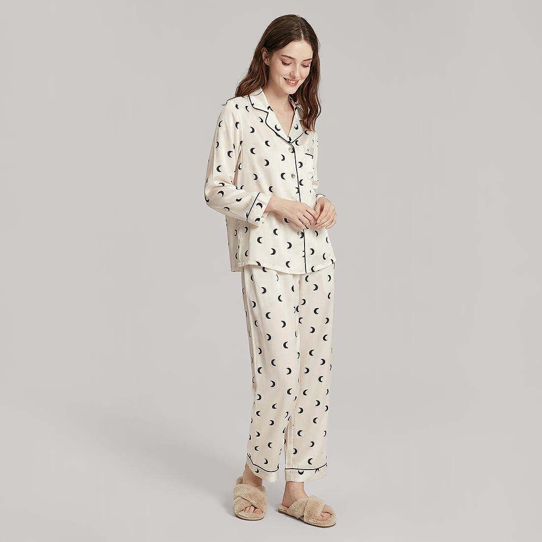 Crescent Print Mulberry Silk Pajama Set-Nomee