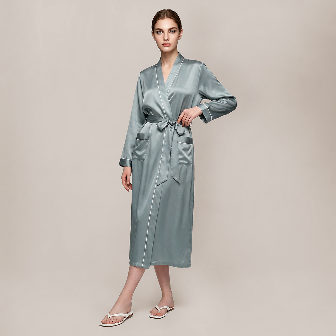 100% Mulberry Silk V-Neck Long Robe - Nomee