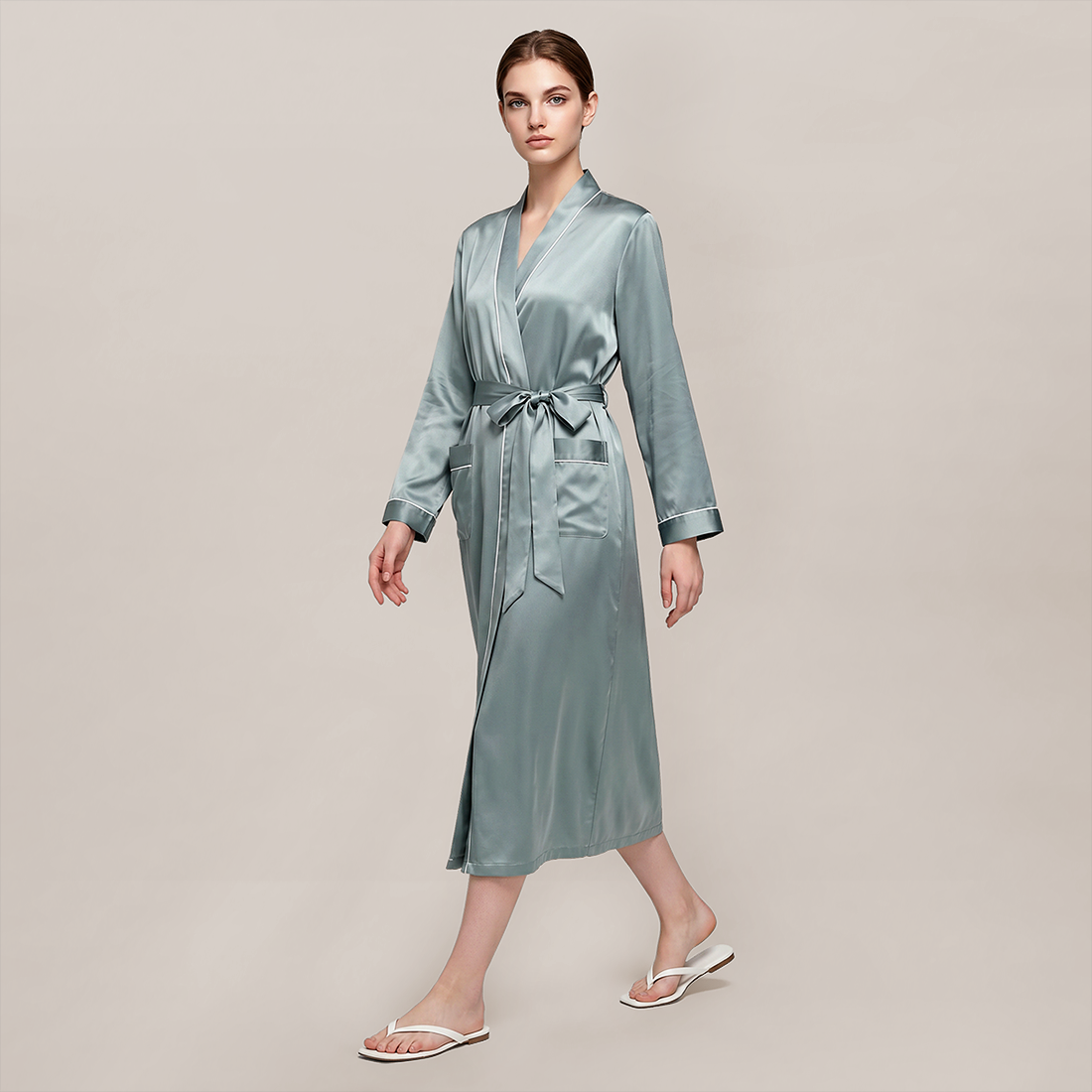100% Mulberry Silk V-Neck Long Robe - Nomee