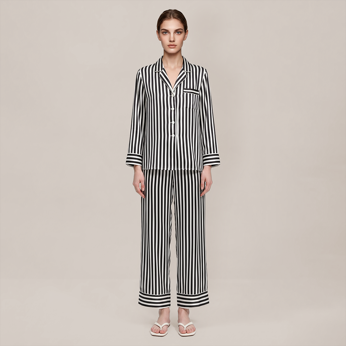 100% Mulberry Silk Striped Long Sleeve Pajama Set - Nomee