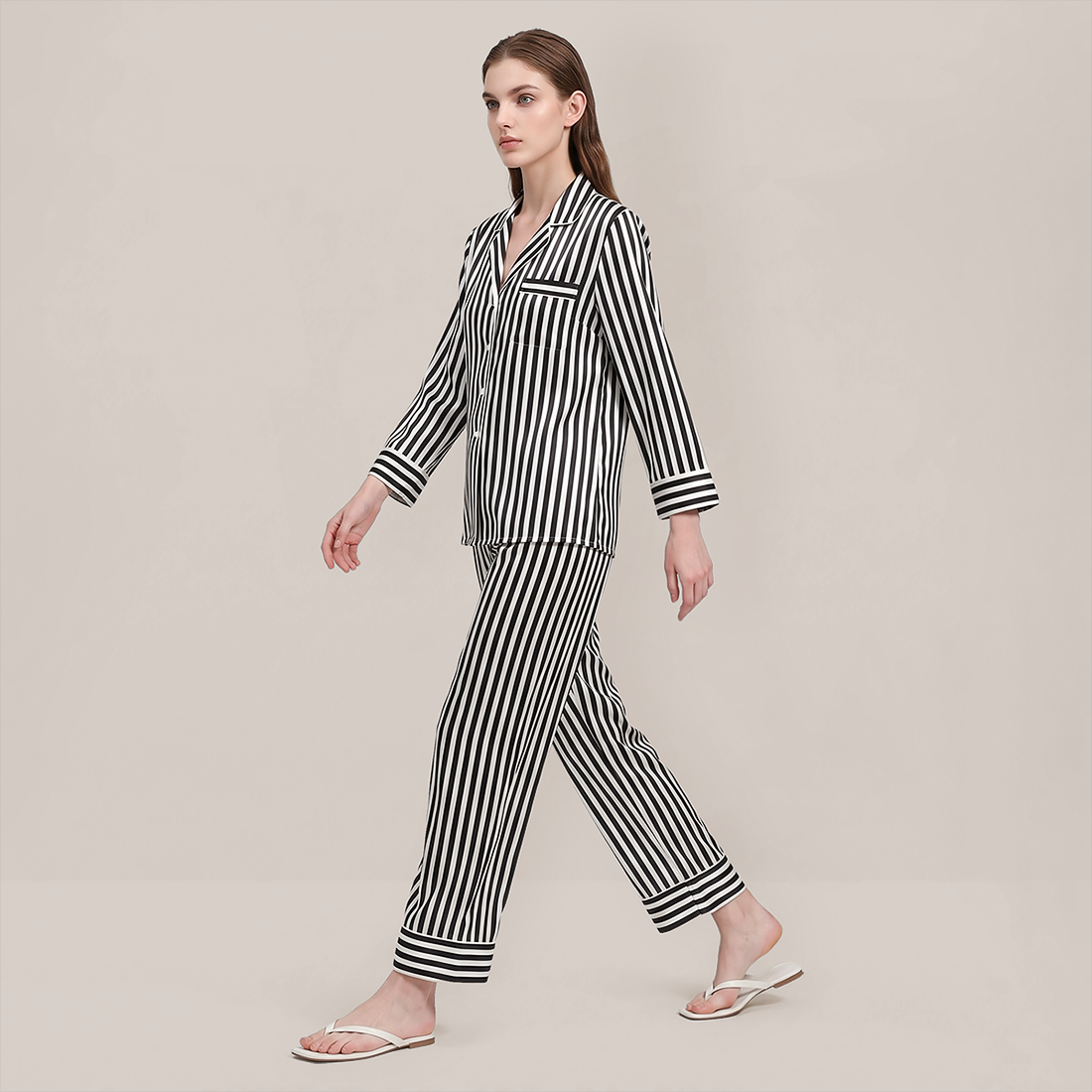 100% Mulberry Silk Striped Long Sleeve Pajama Set - Nomee