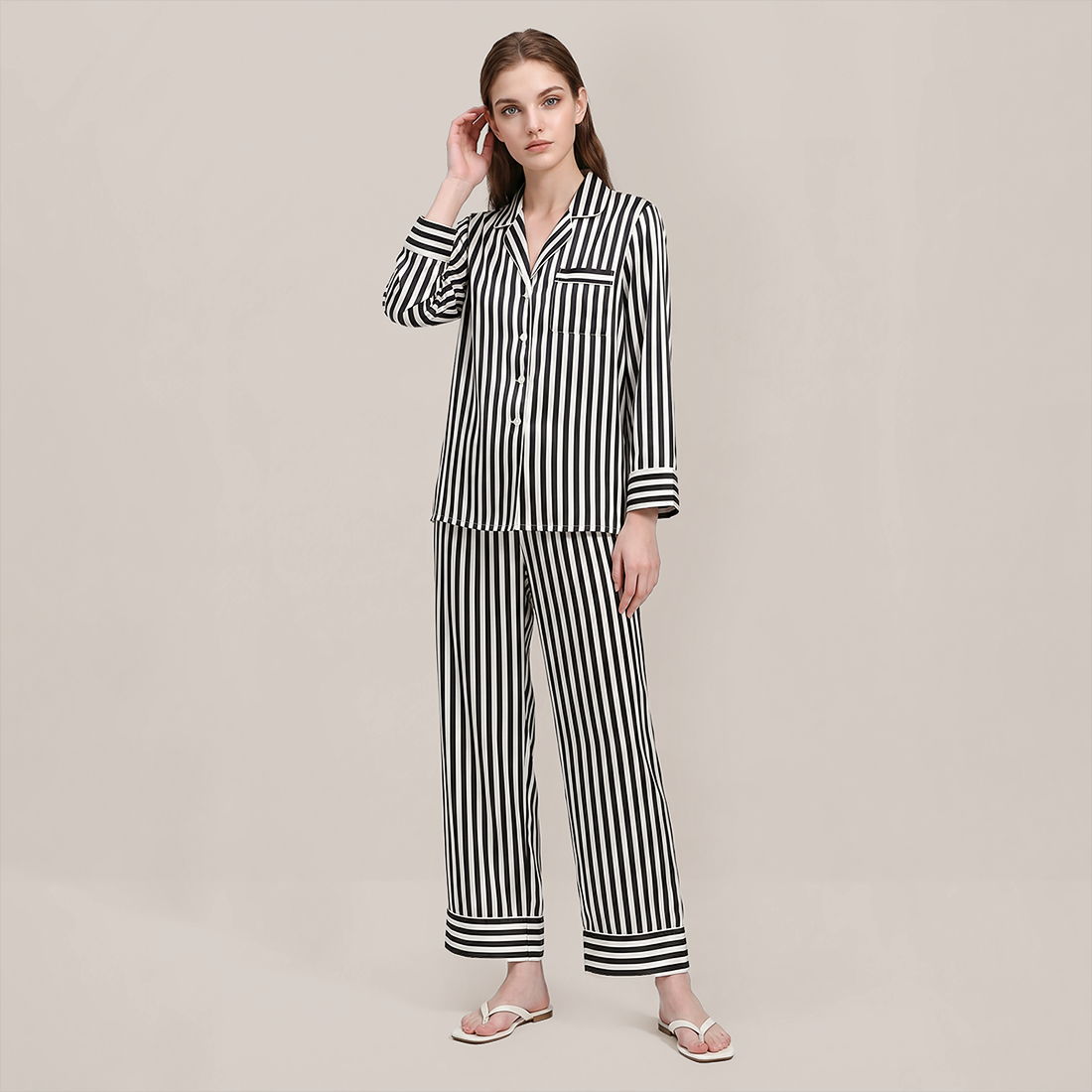 100% Mulberry Silk Striped Long Sleeve Pajama Set - Nomee