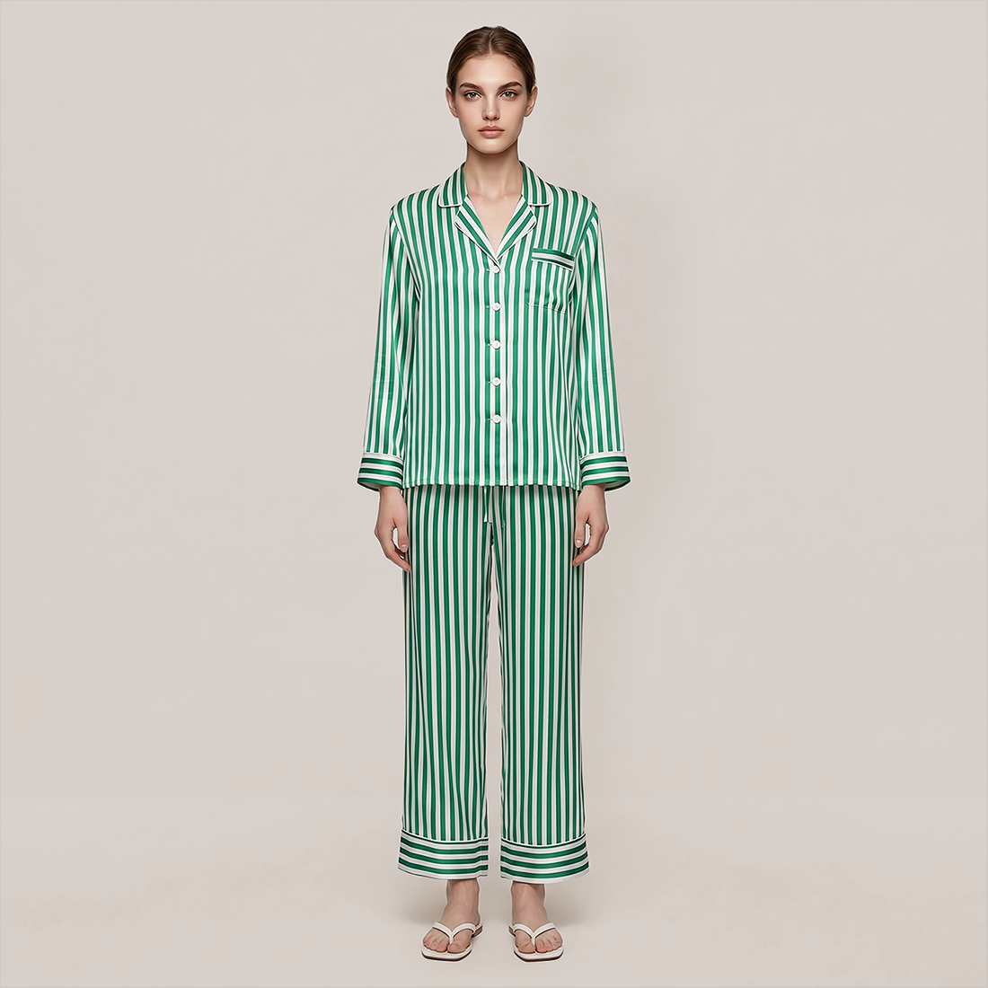 100% Mulberry Silk Striped Long Sleeve Pajama Set - Nomee