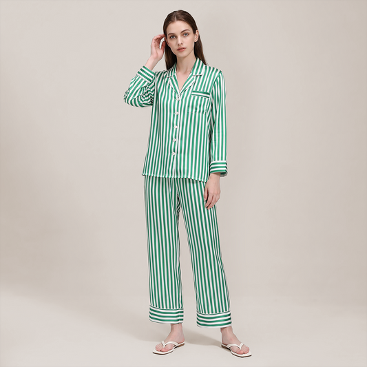 100% Mulberry Silk Striped Long Sleeve Pajama Set - Nomee