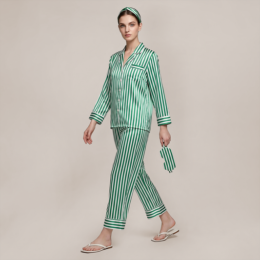 100% Mulberry Silk Striped Long Sleeve Pajama Set - Nomee