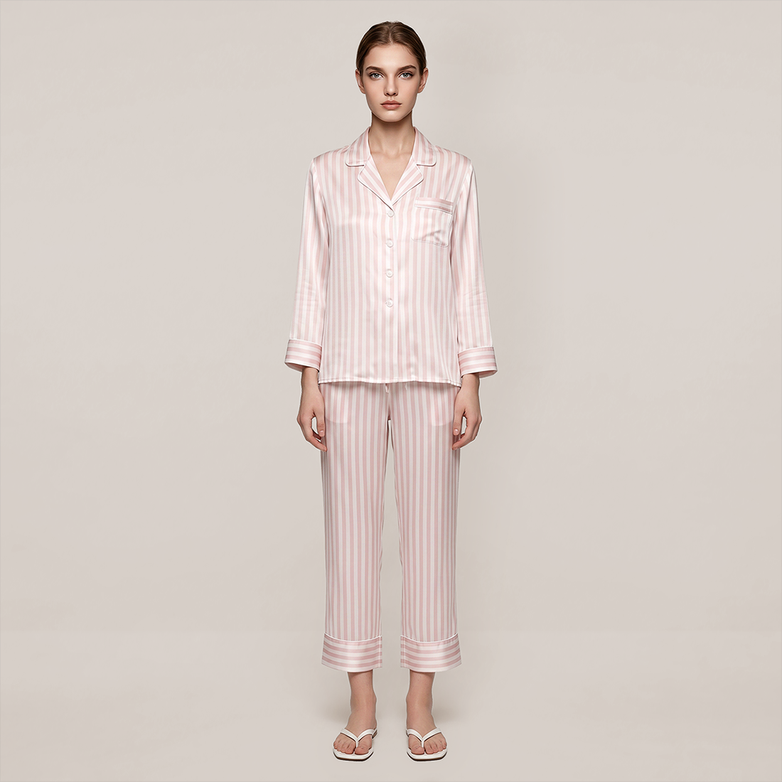 100% Mulberry Silk Striped Long Sleeve Pajama Set - Nomee
