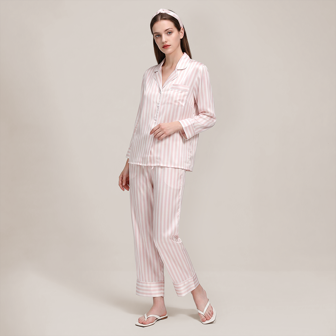 100% Mulberry Silk Striped Long Sleeve Pajama Set - Nomee