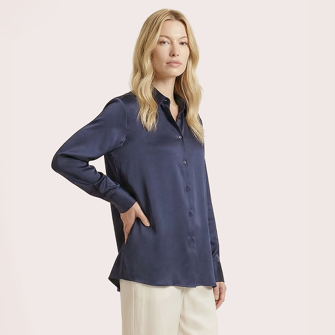 Silk V-neck long sleeved shirt-Nomee