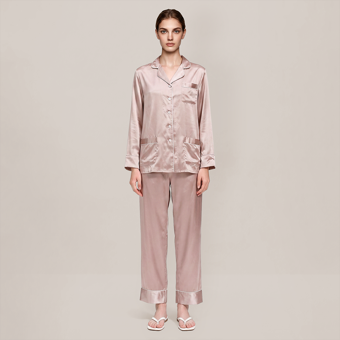 100% Mulberry Silk Piped Long Sleeve Pajama Set - Nomee