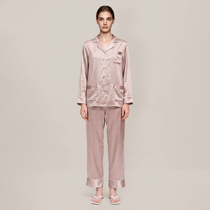100% Mulberry Silk Piped Long Sleeve Pajama Set - Nomee