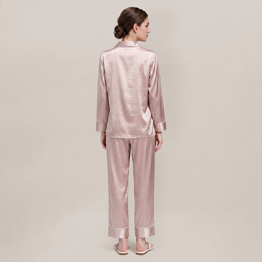 100% Mulberry Silk Piped Long Sleeve Pajama Set - Nomee
