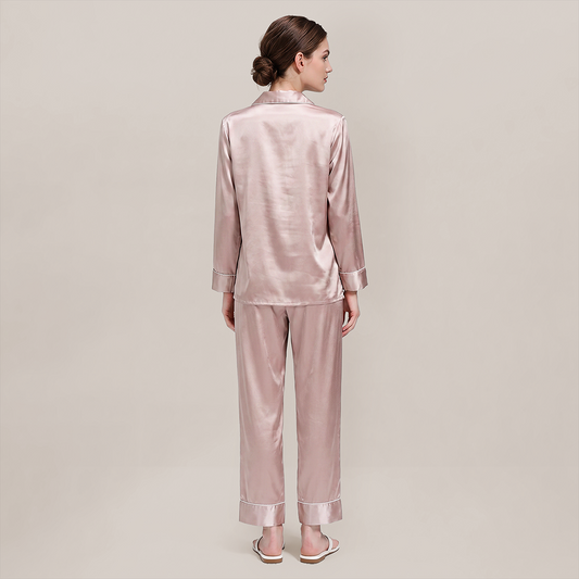 100% Mulberry Silk Piped Long Sleeve Pajama Set - Nomee
