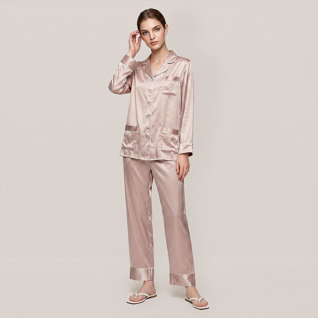 100% Mulberry Silk Piped Long Sleeve Pajama Set - Nomee