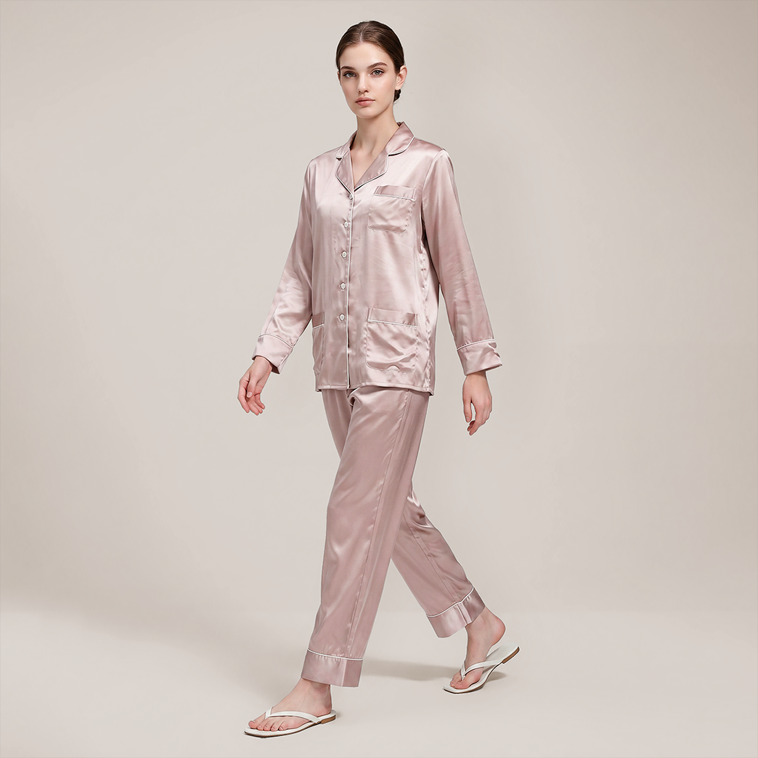 100% Mulberry Silk Piped Long Sleeve Pajama Set - Nomee