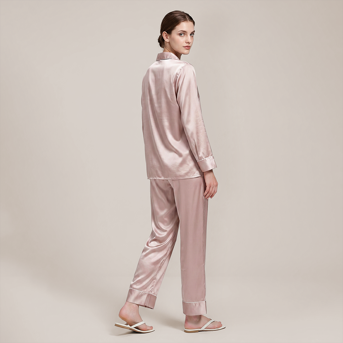 100% Mulberry Silk Piped Long Sleeve Pajama Set - Nomee
