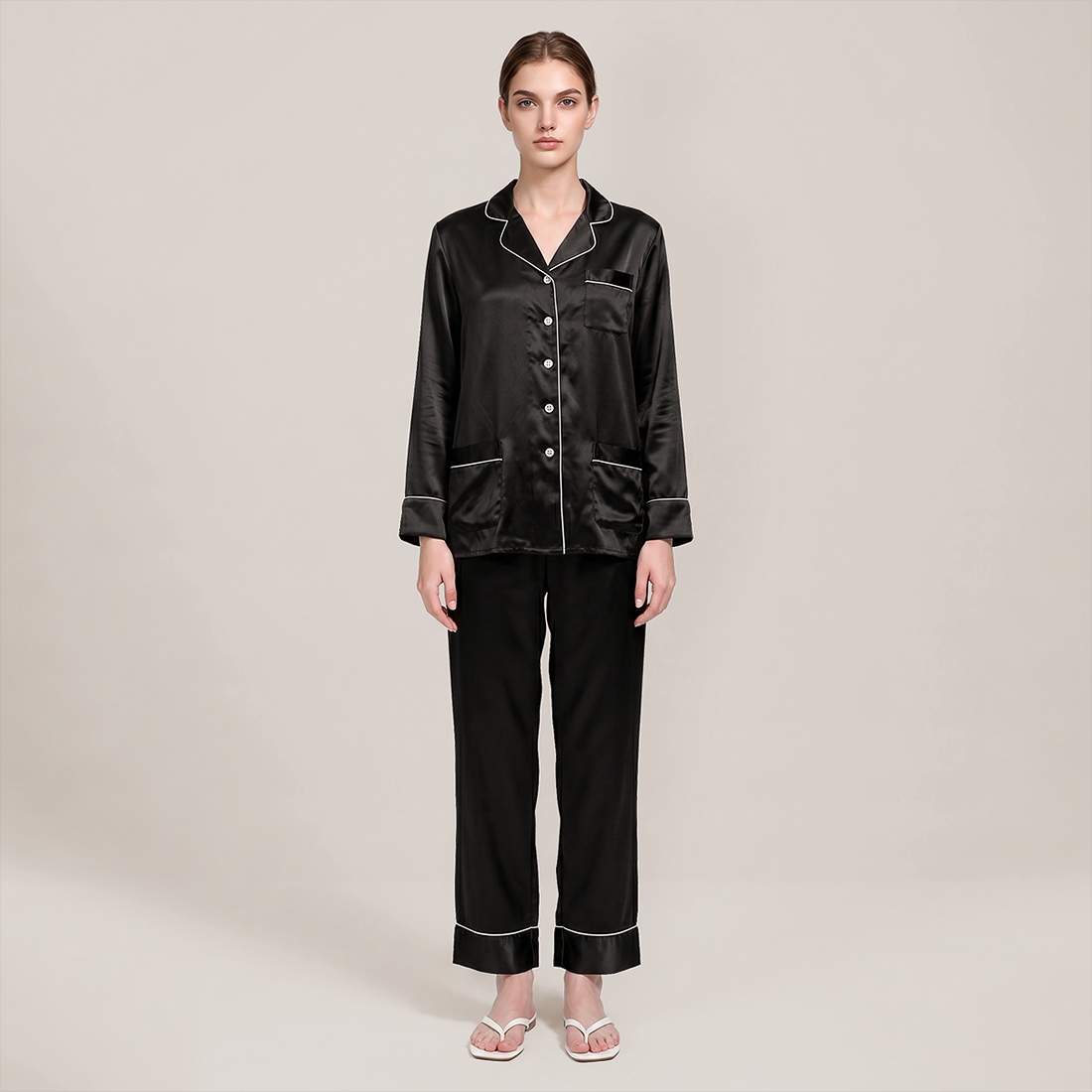 100% Mulberry Silk Piped Long Sleeve Pajama Set - Nomee