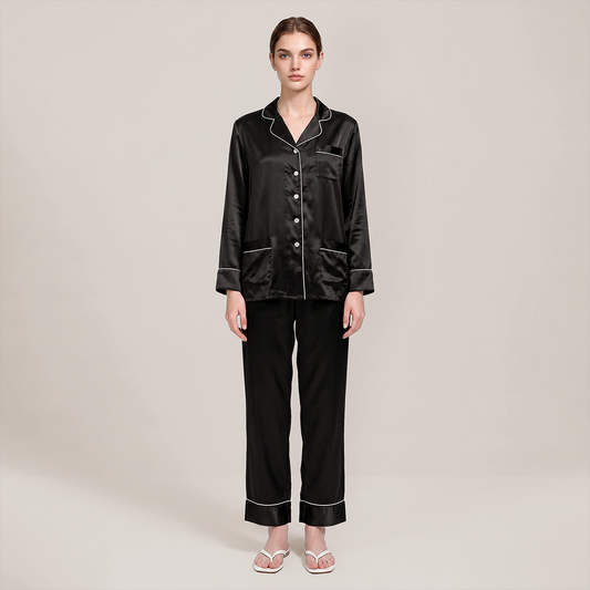 100% Mulberry Silk Piped Long Sleeve Pajama Set - Nomee