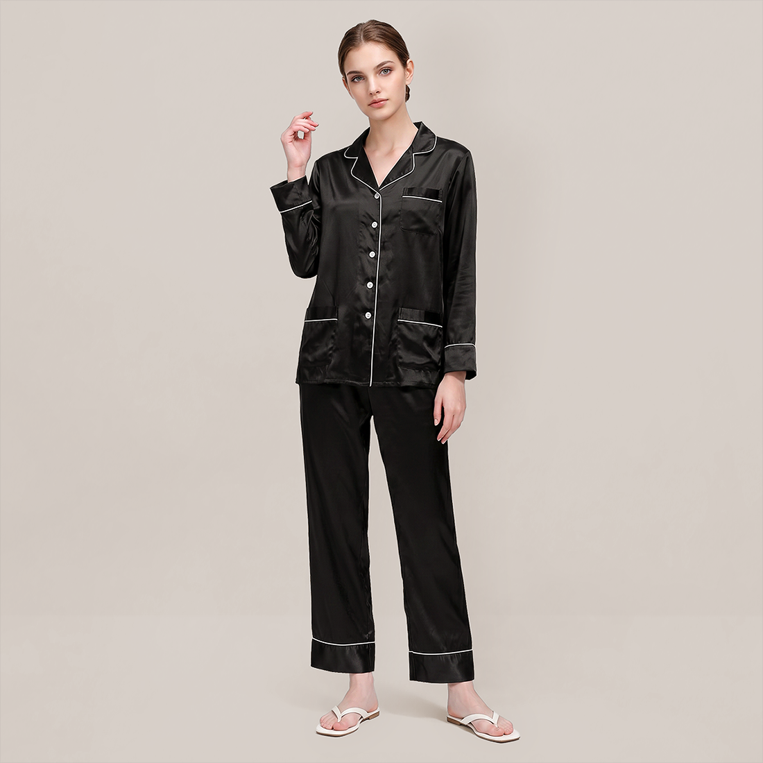 100% Mulberry Silk Piped Long Sleeve Pajama Set - Nomee