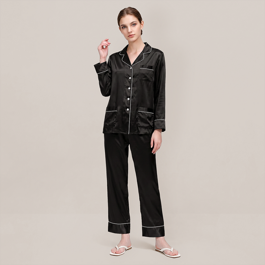 100% Mulberry Silk Piped Long Sleeve Pajama Set - Nomee