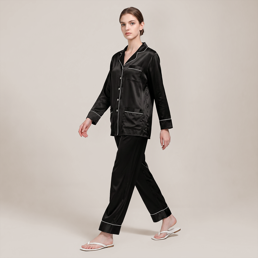 100% Mulberry Silk Piped Long Sleeve Pajama Set - Nomee