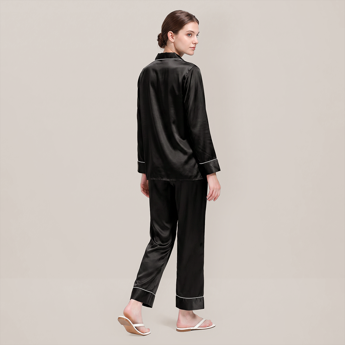 100% Mulberry Silk Piped Long Sleeve Pajama Set - Nomee