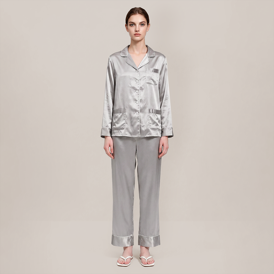 100% Mulberry Silk Piped Long Sleeve Pajama Set - Nomee