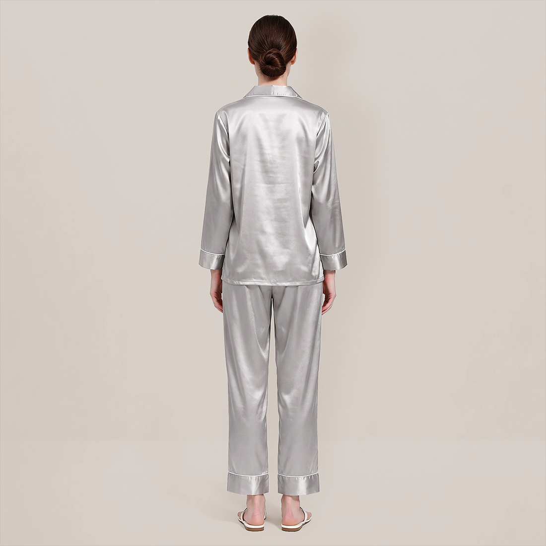 100% Mulberry Silk Piped Long Sleeve Pajama Set - Nomee